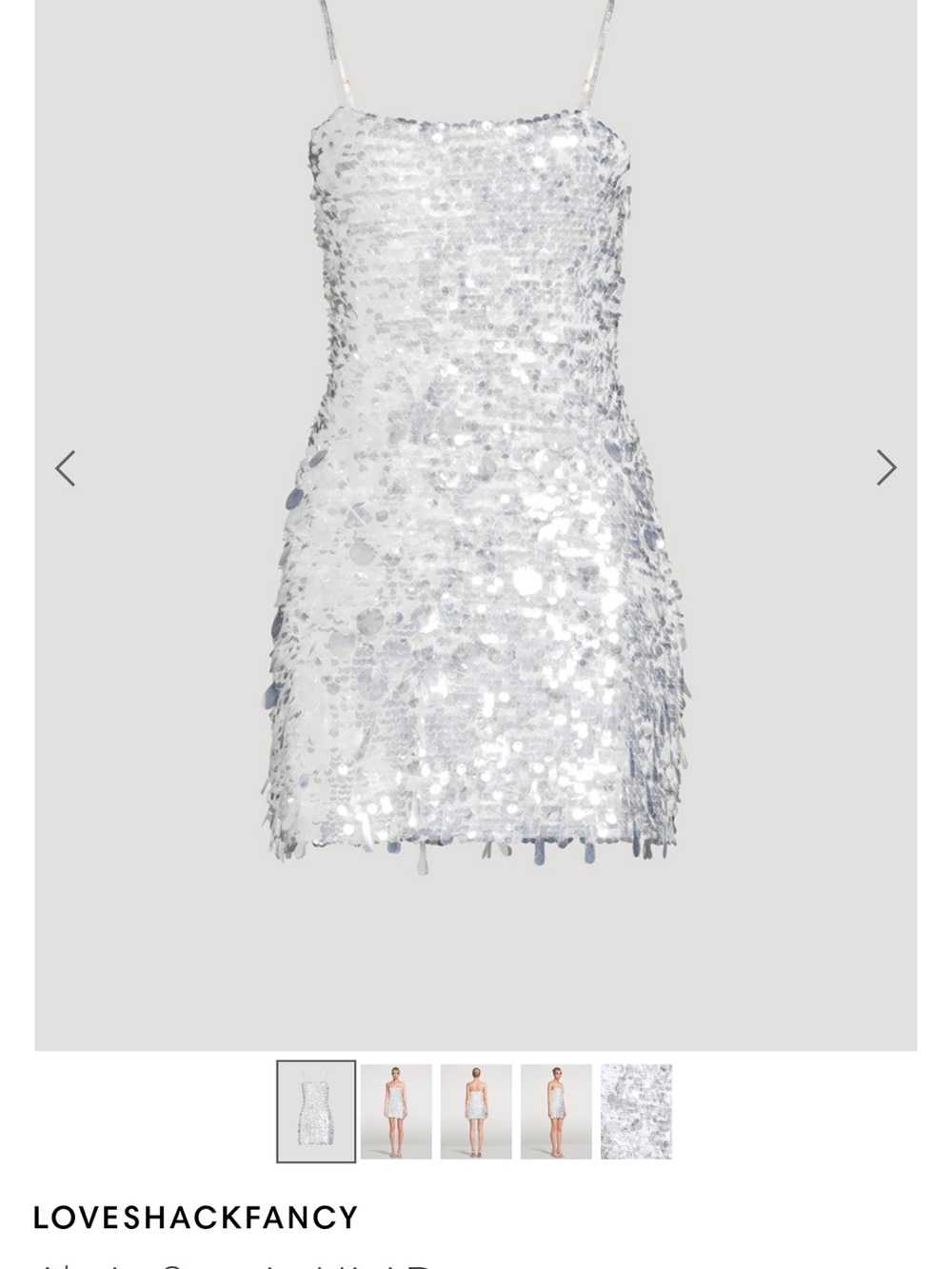 LoveShackFancy White Silver Sequin Spaghetti-Strap Mini Dress